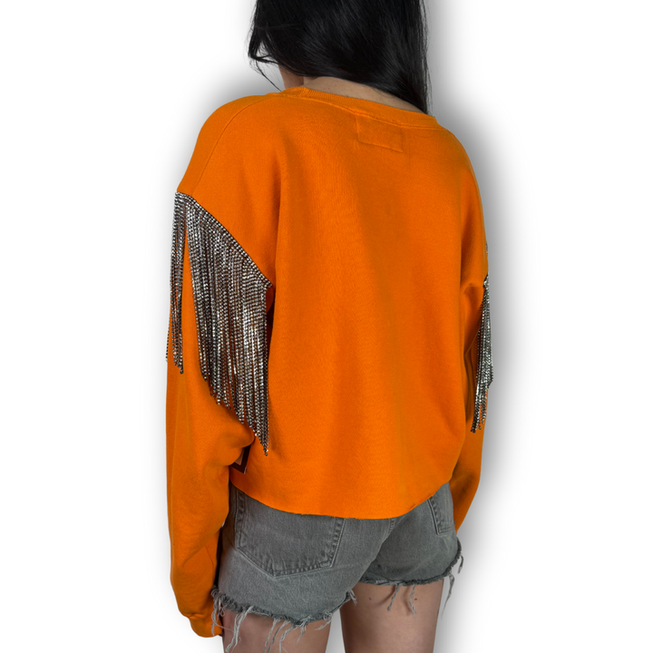vintage rhinestoned fringe sweatshirt orange tennessee with empire fringe sleeves