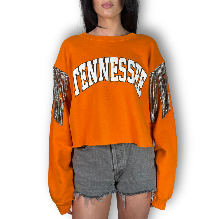vintage rhinestoned fringe sweatshirt orange tennessee with empire fringe sleeves