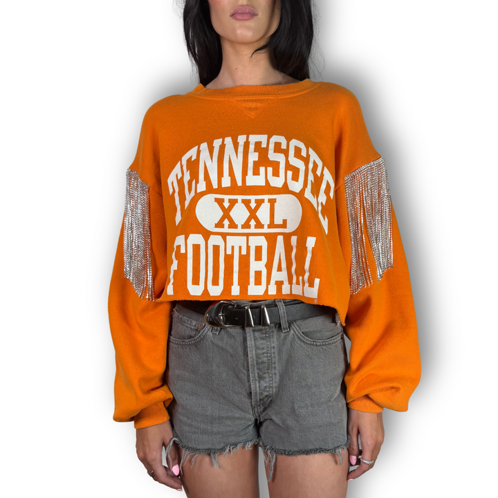 vintage rhinestoned fringe sweatshirt tenneesee football with silver fringe on sleeve