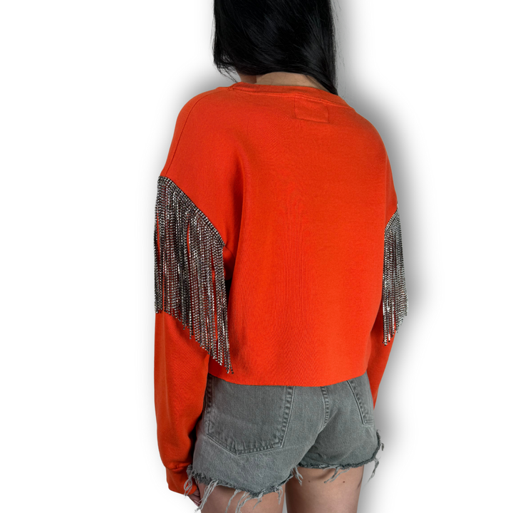 vintage rhinestoned fringe sweathirt tenneesee volunteers football burnt orange with empire fringe 