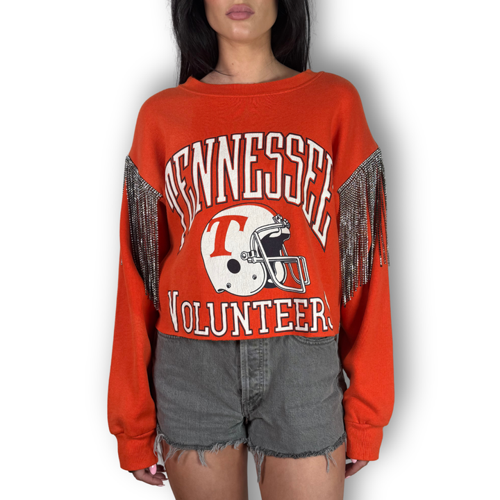 vintage rhinestone fringe sweatshirt tennessee volunteers football burnt orange empire fringe