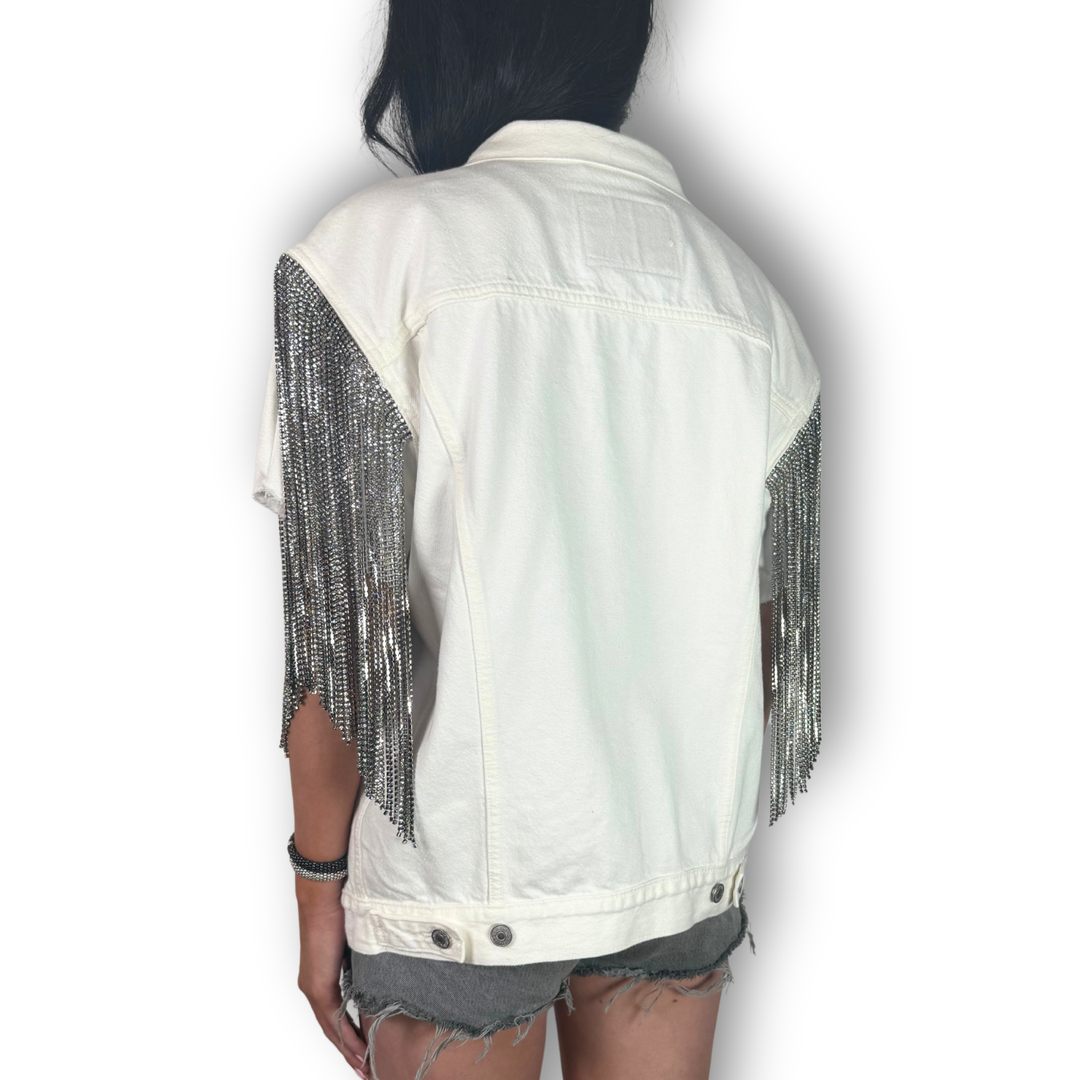 vintage rhinestoned fringe vest white denim with 12'' empire fringe sleeves