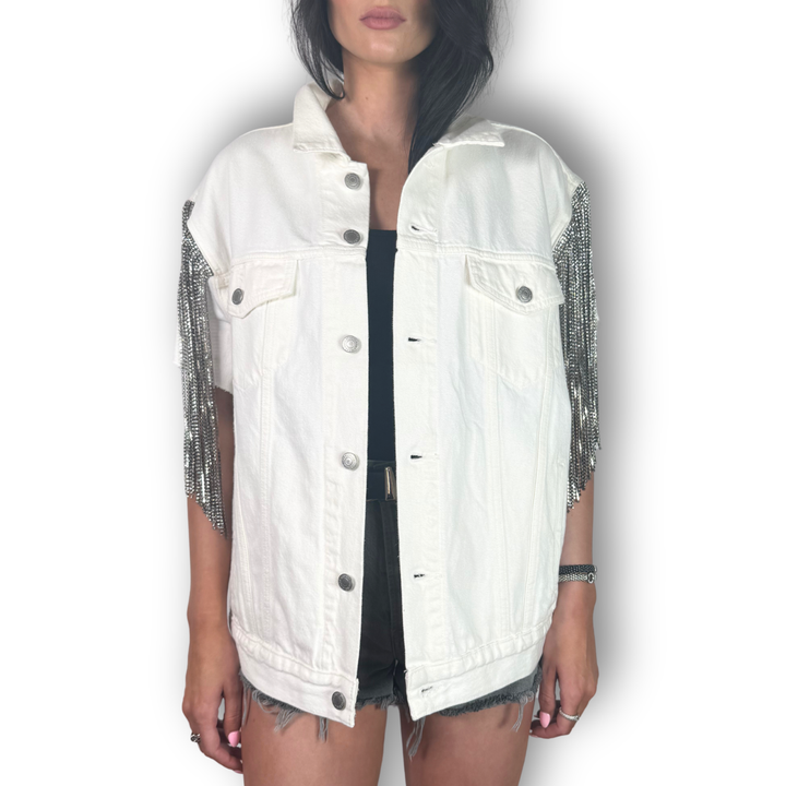 vintage rhinestoned fringe vest white denim with 12'' empire fringe sleeves