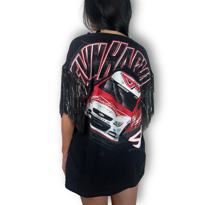 vintage rhinestoned kevin harvick racing tee with black fringe