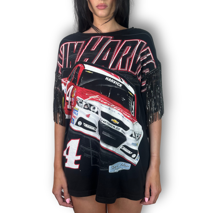 vintage rhinestoned kevin harvick racing tee with black fringe