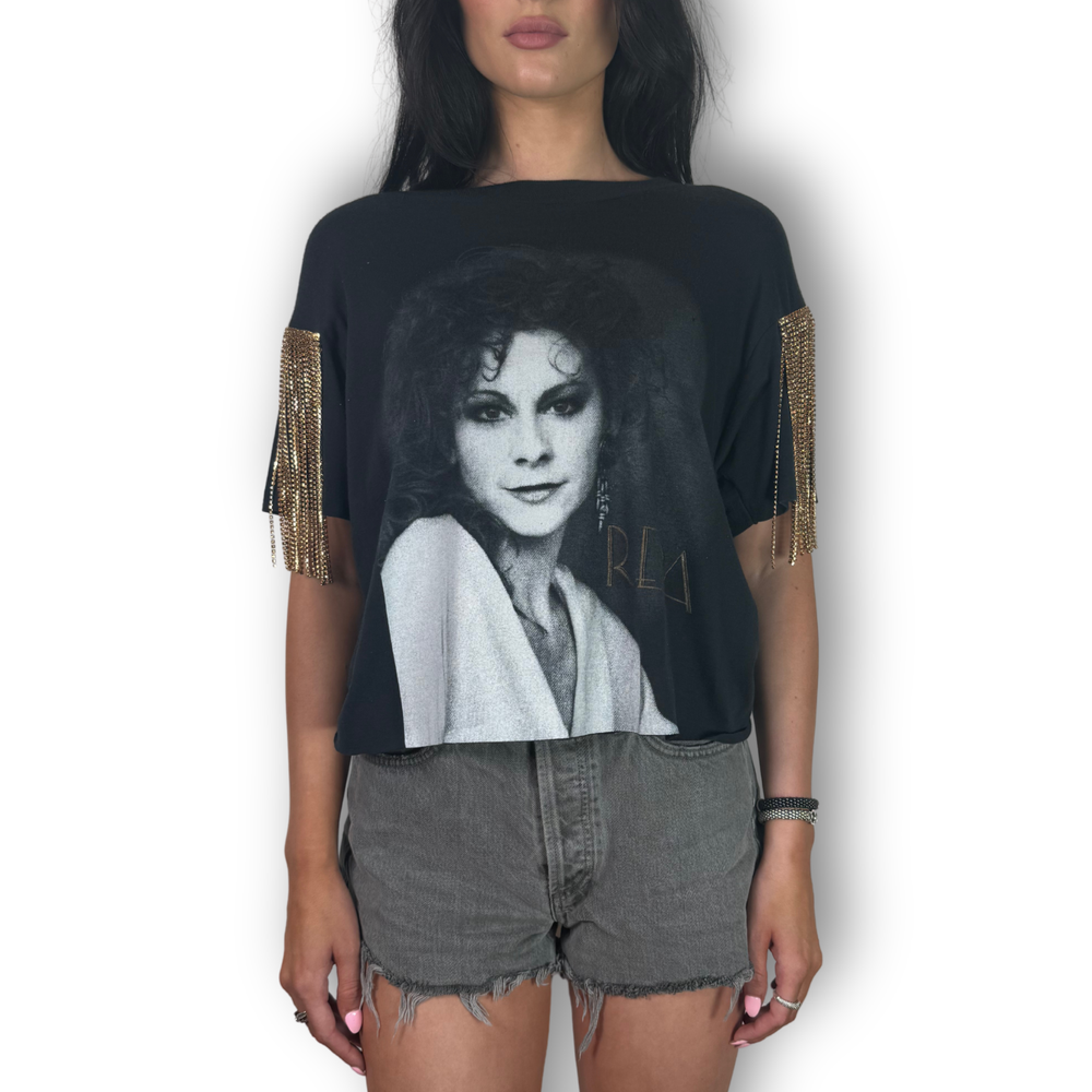 vintage rhinestoned young reba tee with gold rhinestone fringe sleeves