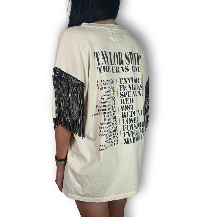 vintage rhinestoned taylor swift eras tour tee with black fringe