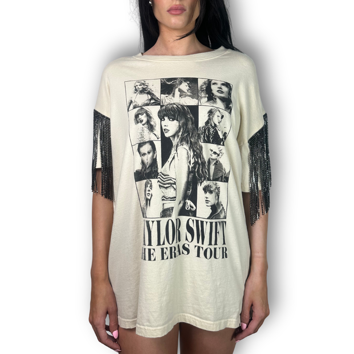 vintage rhinestoned taylor swift eras tour tee with black fringe